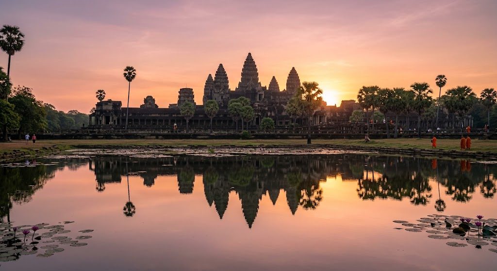De iconische lotus-torens van Angkor Wat die prachtig weerspiegelen in het water tijdens de zonsopkomst