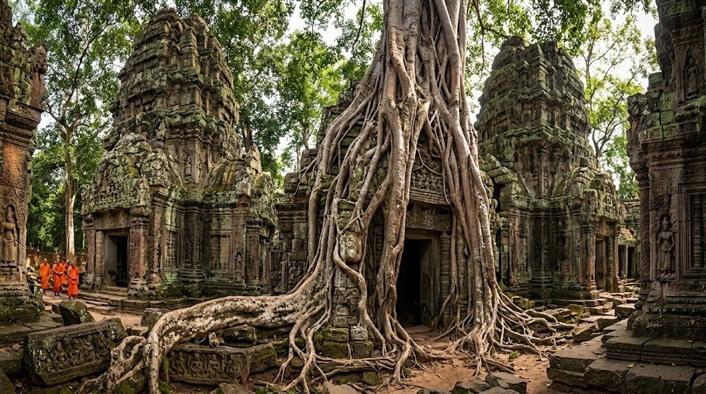 De enorme wortels van wurgvijgen en banyanbomen overwoekeren de oude ruïnes van Ta Prohm