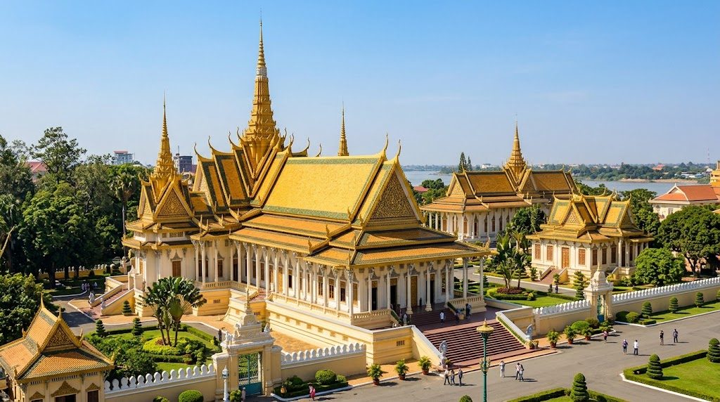 De schitterende gouden daken en traditionele Khmer-architectuur van het Koninklijk Paleis in Phnom Penh